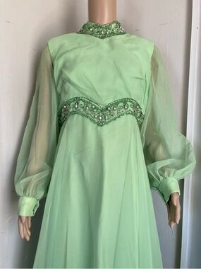 Vintage 1960s Beads and Rhinestones Green Fairy Gown Dress Size Small